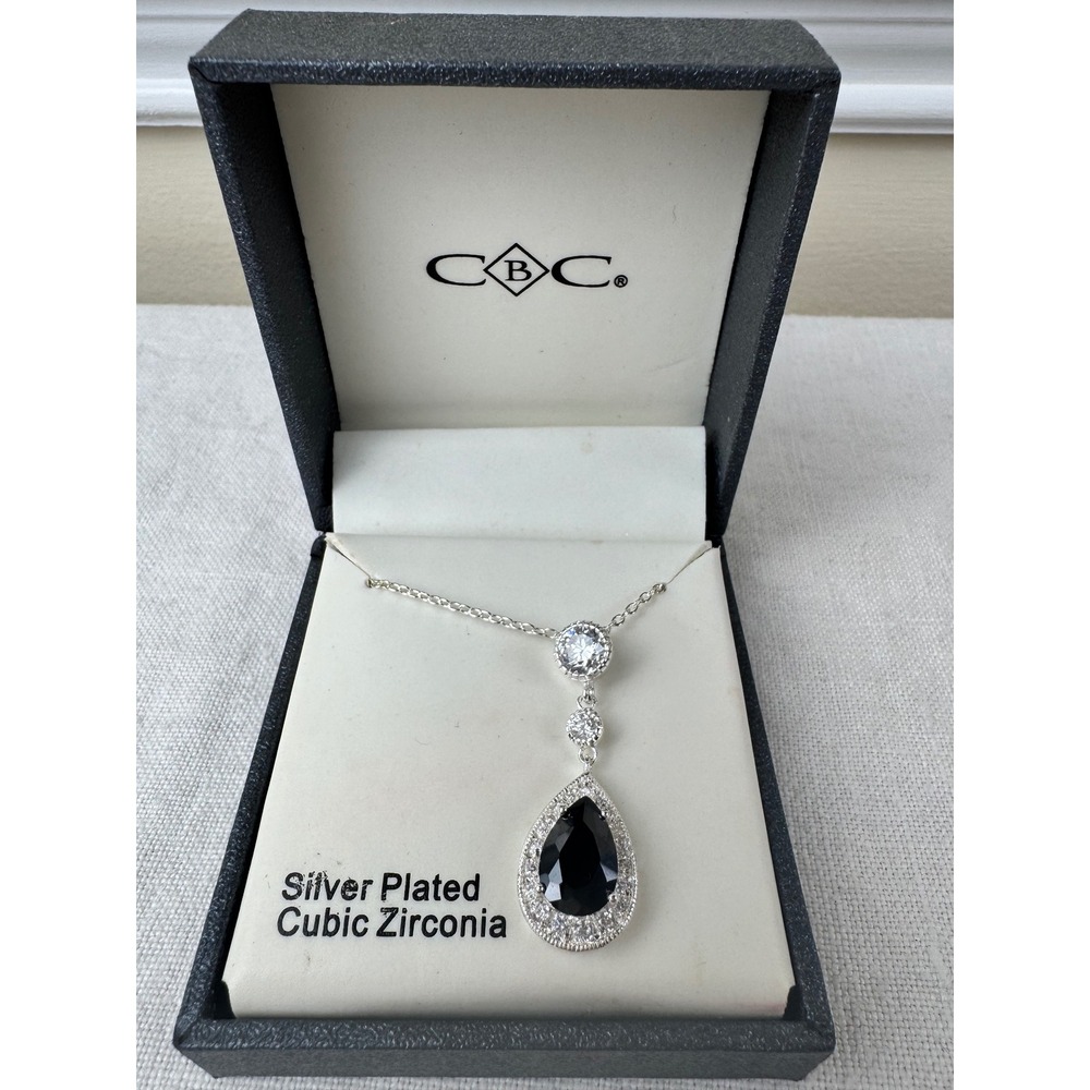 CBC Silver Plated Cubic Zirconia Black Pear Halo Drop Pendant Necklace Bridal